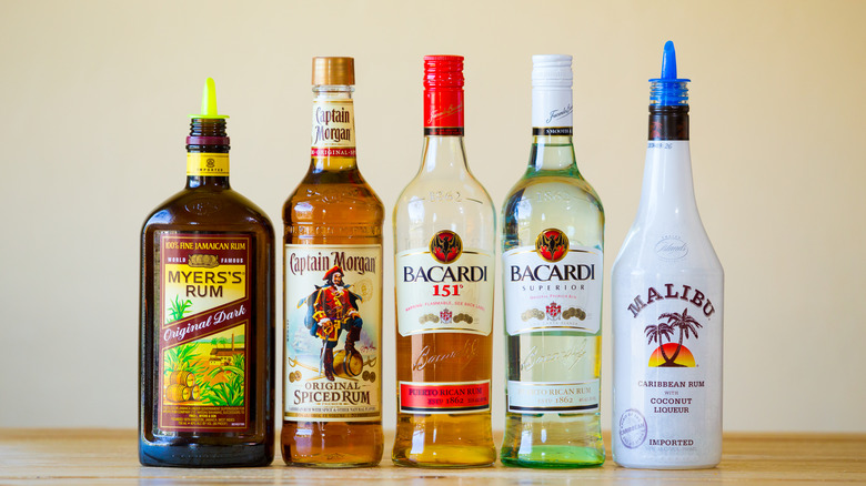 Five bottles of rum, each a different type