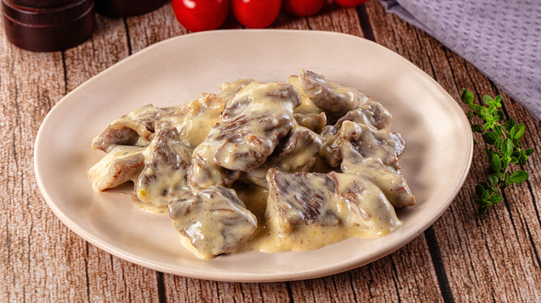 Beef stroganoff stew meat with cream sauce