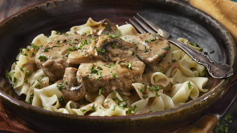 Homemade platter of beef stroganoff