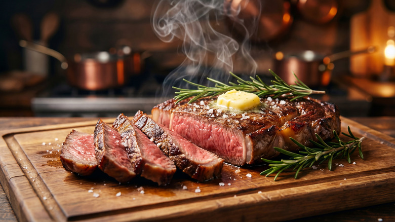 A sliced steak on a wooden board with butter and rosemary on top
