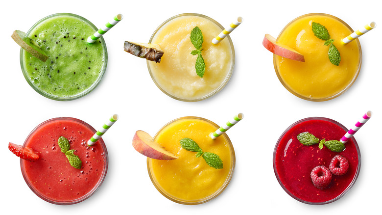 top down view of different fruit smoothies