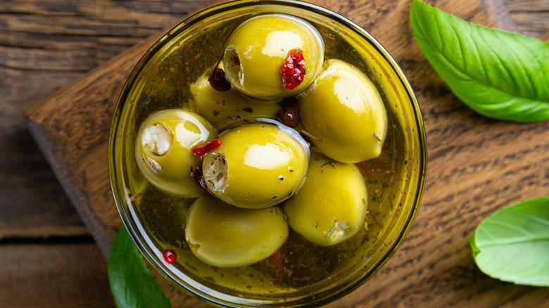 bowl of cheese stuffed olives