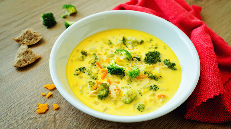 white bowl with broccoli cheddar chicken soup
