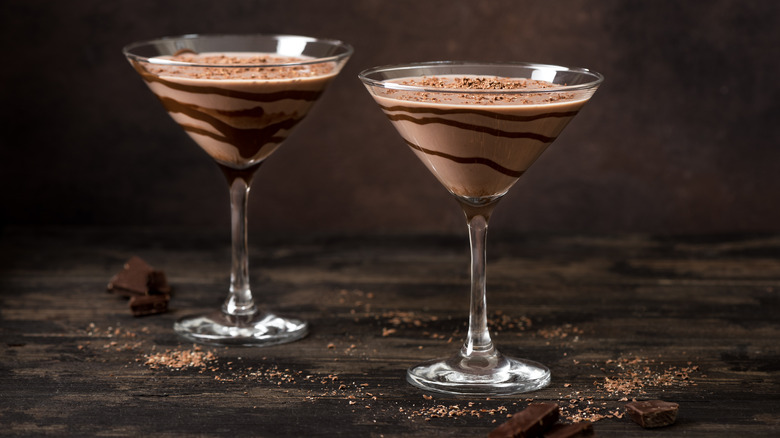 Two chocolate martinis on a counter