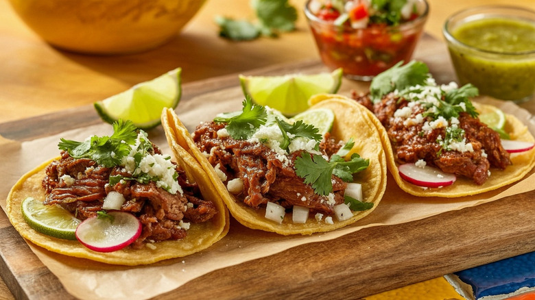 A trio of beef tacos in corn tortillas served atop a wooden cutting board, topped with cheese, lime, radish, and cilantro
