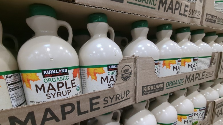 Bottles of Costco's Organic Kirkland Signature Maple Syrup