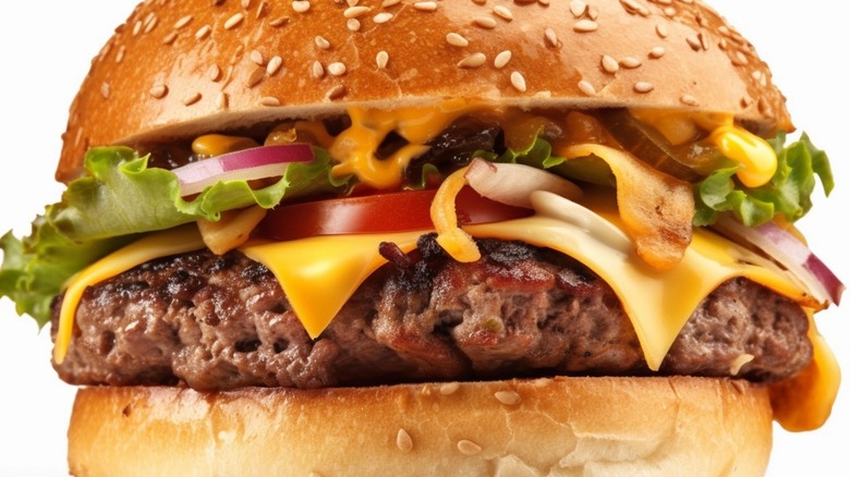Closeup of a bacon cheeseburger