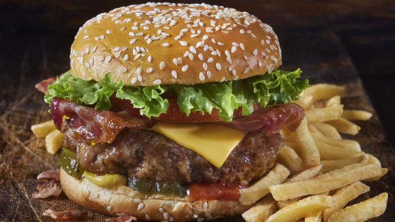 Closeup of a bacon cheeseburger