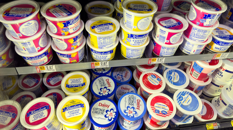 A supermarket shelf full of multi-colored cottage cheese brands.
