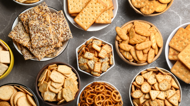 different types of crackers in bowls