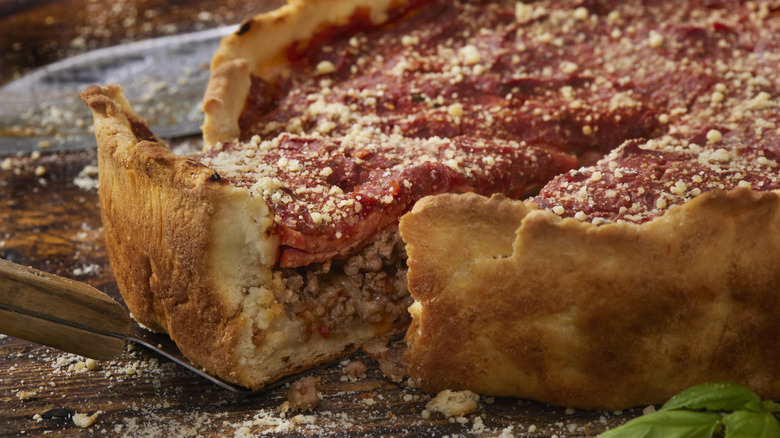 Close-up of a Chicago deep dish pizza