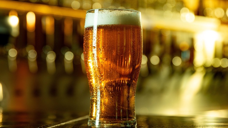 a pint of beer on a bar