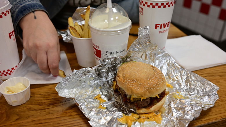 Burger, fries, and shake at Five Guys