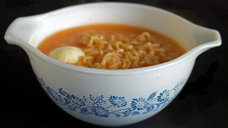 bowl of soup in pyrex dish