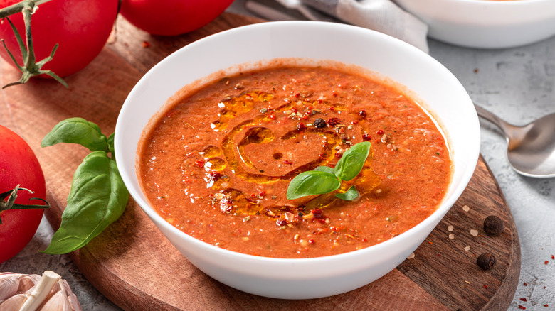 A bowl of gazpacho soup