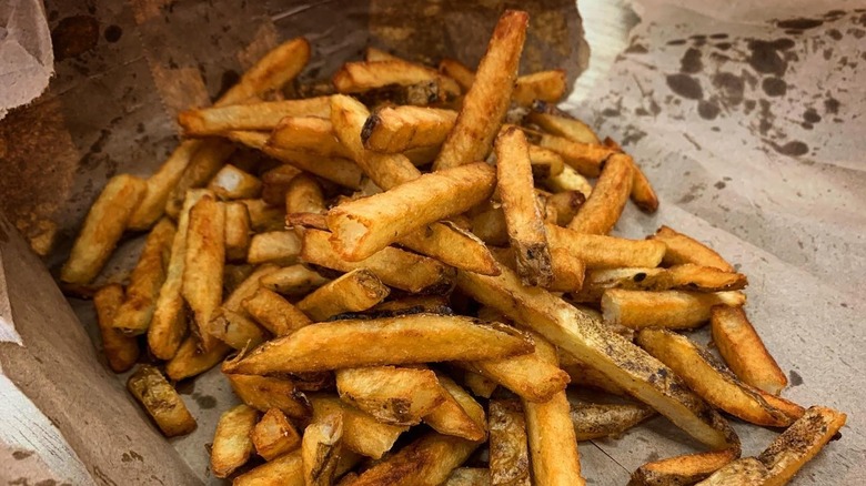Close-up of a bag of fries from Five Guys burgers