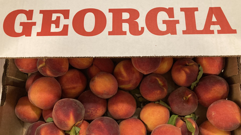 A pile of fresh peaches underneath a white and red sign reading "GEORGIA"