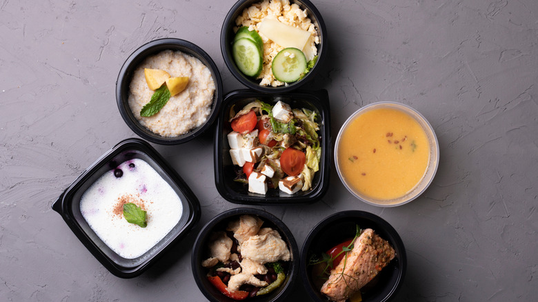 Overhead view of assorted foods in bowls