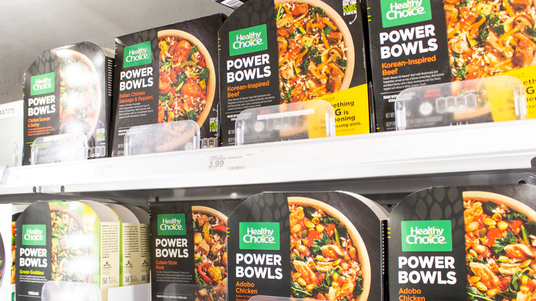 Healthy Choice Power Bowls in grocery freezer aisle