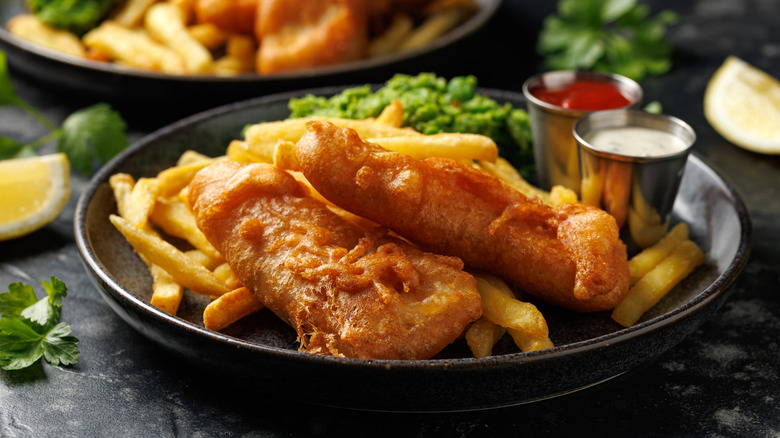 Fish and chips with dipping sauces