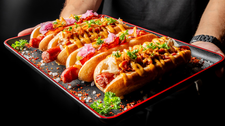 Hot dog sandwiches on a tray