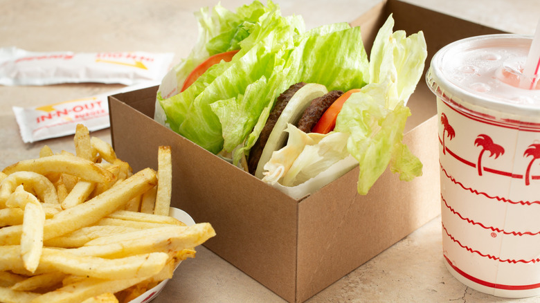 Protein-style burger in a cardboard car box