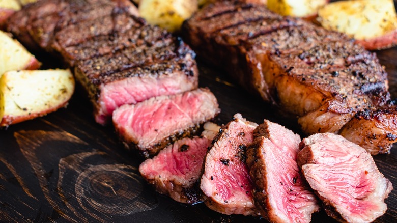 Slices of rubbed, grilled NY Strip Steak