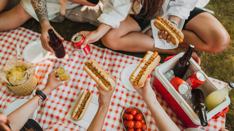 People holding hot dogs and drinks in a picnic setting