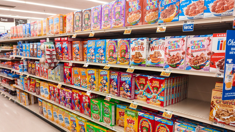 A breakfast cereal aisle in a supermarket