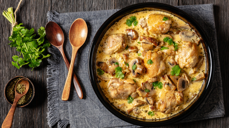 Chicken thighs and mushrooms in a creamy sauce