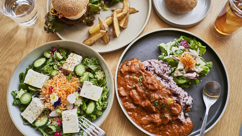 a variety of plant-based dishes at a cafe