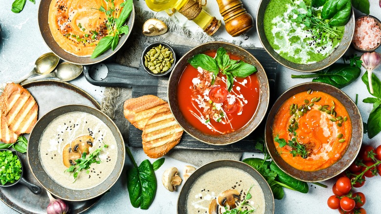 An array of colorful soups