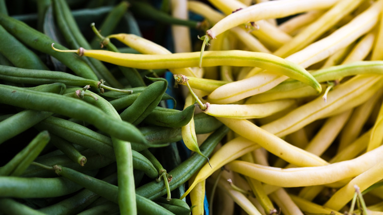 Close-up of raw green beans and wax beans side by side