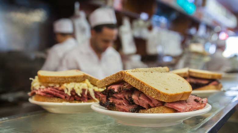 Pastrami sandwich on counter at Katz's
