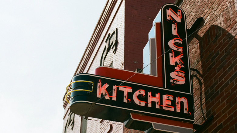 The exterior sign for the diner Nick's Kitchen in Huntington, Indiana
