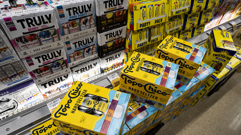 Crates of hard seltzer in a supermarket