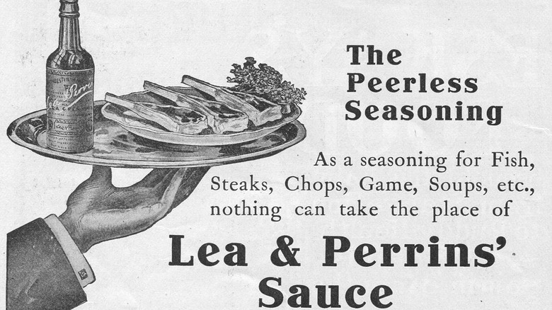 An old black and white advertisement for Lea & Perrins' Worcester Sauce, including a drawing of a hand holding a tray with a bottle of Worcester Sauce and a plate of chops