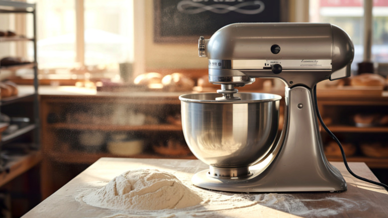 A vintage stand mixer on a kitchen surface next to a pile of flour
