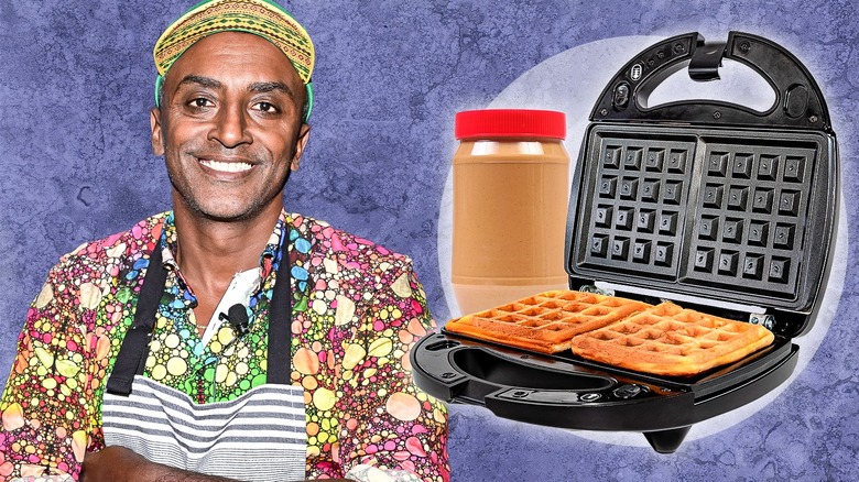 Marcus Samuelsson with a waffle iron and peanutbutter