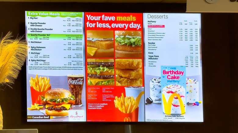 A McDonald's menu showing three panels, including value meals and desserts
