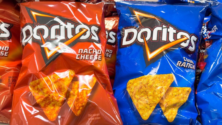 Close-up of Doritos Nacho Cheese chip bags