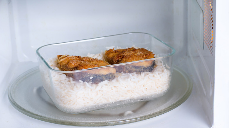 Rice and fish in a microwave