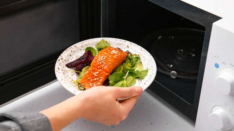 Person putting salmon in a microwave