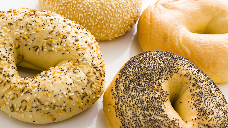 Four bagels up close with various toppings