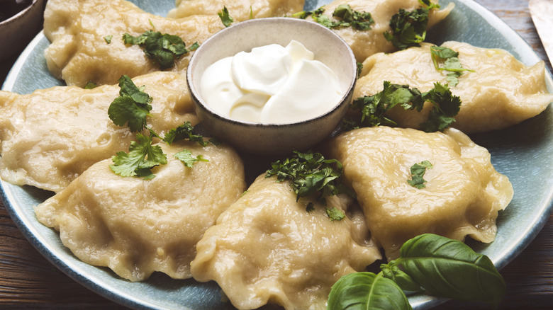 Platter of boiled pierogi