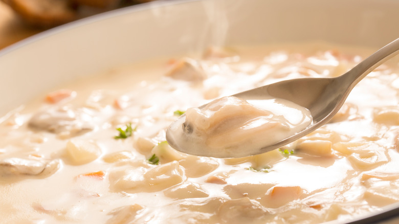 Close up of a bowl of seafood chowder