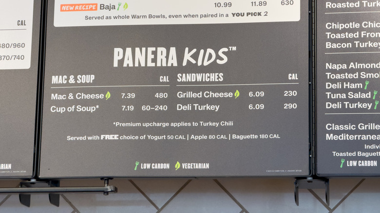 Panera Bread kids menu, including a listing for grilled cheese
