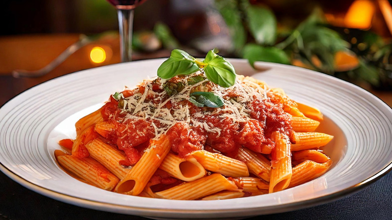 Beautifully plated penne pasta with marinara sauce, parmesan, and basil garnish