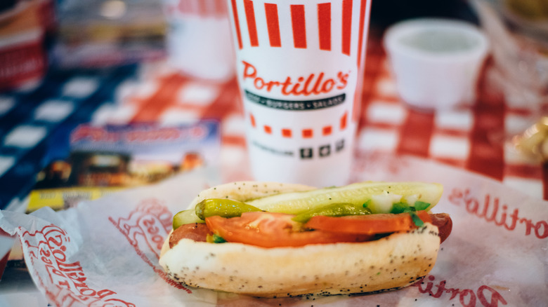 Portillo's hot dog loaded with Chicago-style toppings