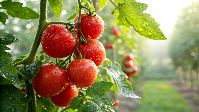 Cherry tomatoes growing on a vine in an orchard